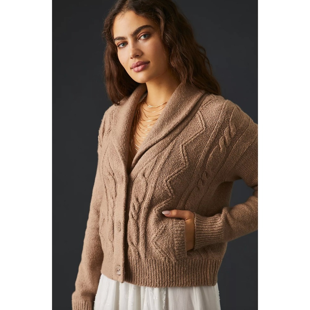 Pilcro Cropped & Collared Cable-Knit Cardigan Sweater Tan Taupe Large